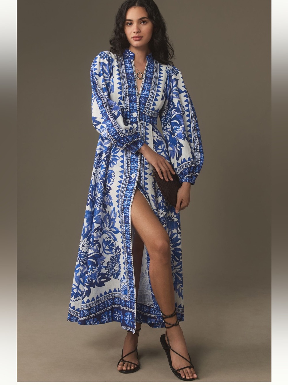 Farm Rio Tapestry Linen Maxi Dress Blue White Floral size Small - Picture 2 of 4